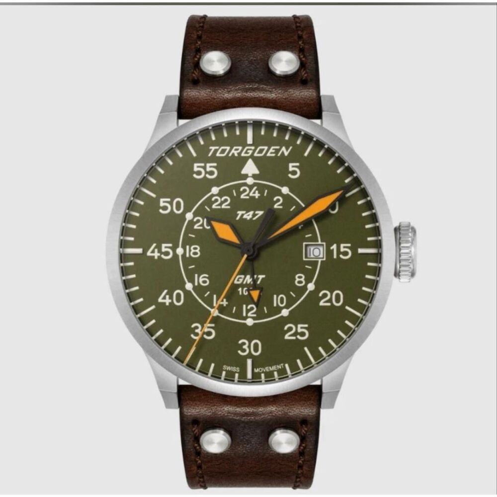 Torgoen TN-1209 T47 Jumbo Green Sapphire Multifunction Watch Brown Leather Band